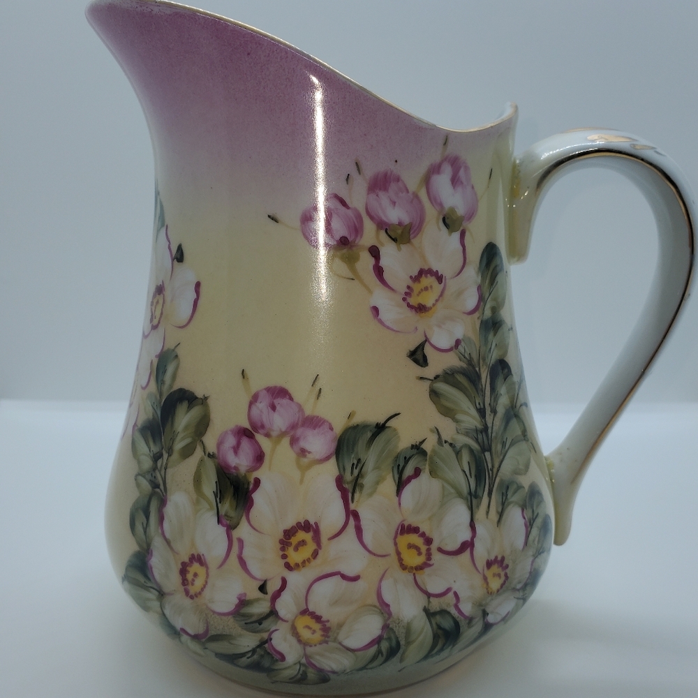 Floral Ceramic Limoges China Pitcher with Pink and Gold Accents